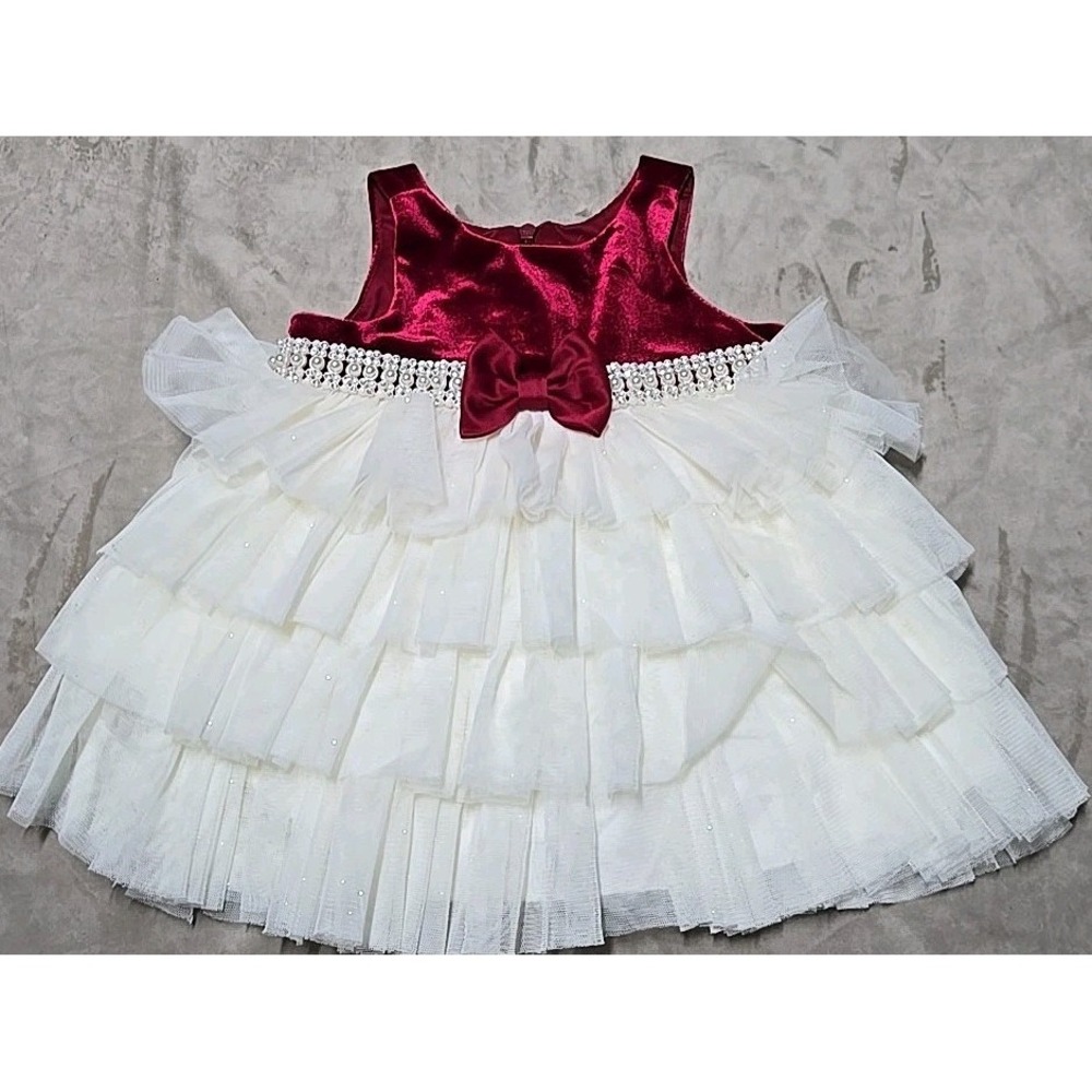 American Princess Girls Party Dress Christmas Tiered Mesh Bow Pearl Size 9M